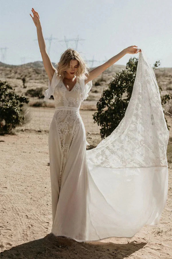 V Neckline Backless Lace Chiffon Bohemian Wedding Dress
